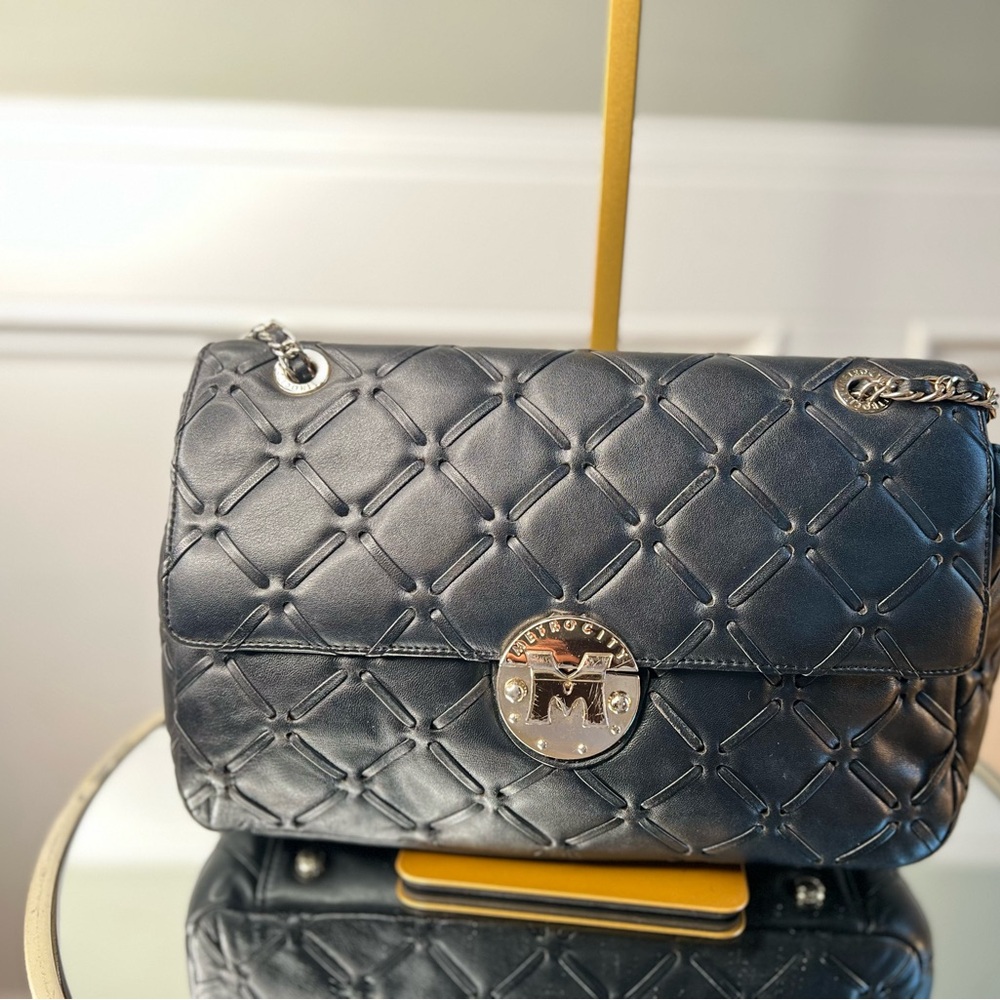 Metrocity Quilted Black Leather Shoulder Bag with Silver Turn-Lock